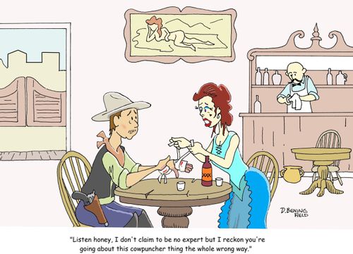 "Listen honey, I don't claim to be no expert but I reckon you're going about this cowpuncher thing the whole wrong way."