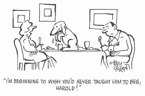 "I'm beginning to wish you'd never taught him to beg, Harold!"