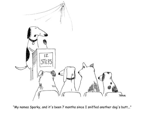 "My name is Sparky, and it's been 7 months since I sniffed another dogs butt..."