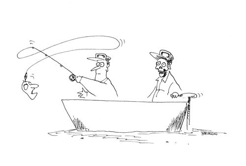Man casting a fly rod and taking his partners face off
