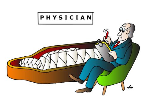 Physician tending a mummy.