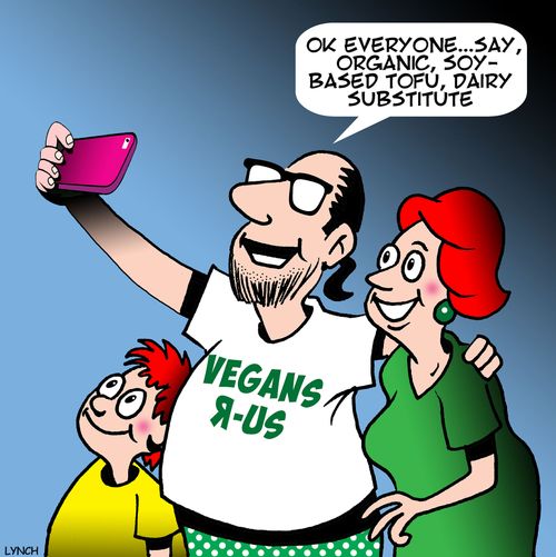 "Ok everyone. . . say, organic, soy-based tofu, dairy substitute."