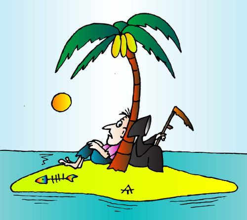 Grim Reaper stranded on a desert island.