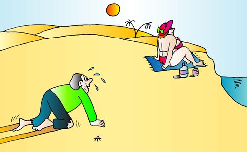 Man crawling towards a bikini clad woman.