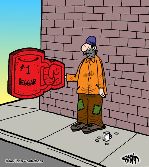 Street beggar has a giant foam hand that says '#1 Beggar.'