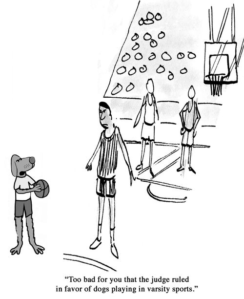 "Too bad for you that the judge rules in favor of dogs playing in varsity sorts."