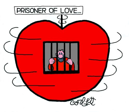 Prisoner of love...man trapped in a spinning heart jail.