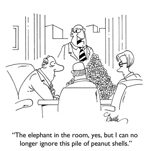 "The elephant in the room, yes, but I can no longer ignore this pile of peanut shells."