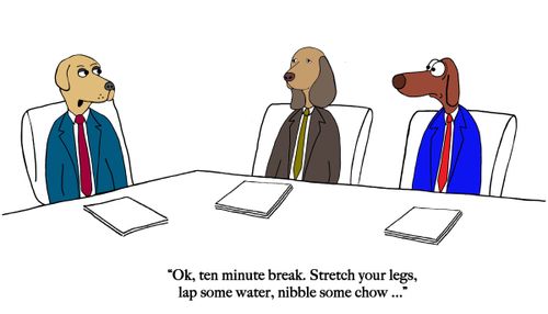 "OK, ten minute break. Stretch your legs, lap some water, nibble some chow..."