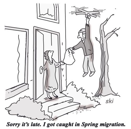 "Sorry it's late. I got caught in Spring migration."