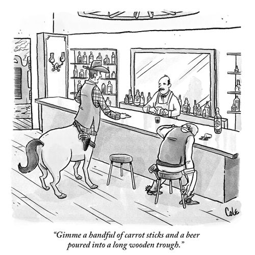 "Gimme a handful of carrot sticks and a beer poured into a long wooden trough."