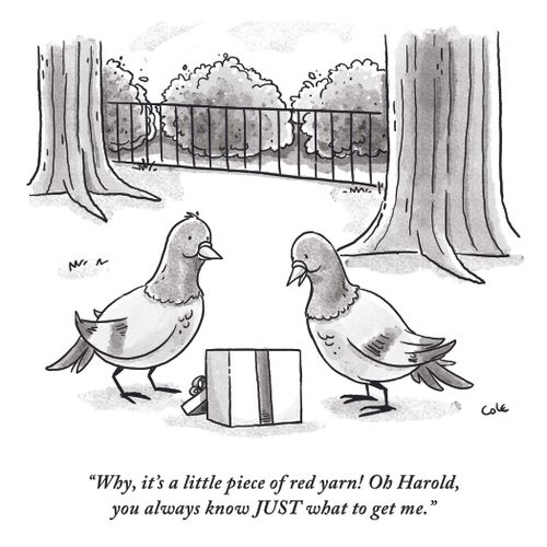 "Why, it's a little piece of red yarn! Oh Harold, you always know JUST what to get me."