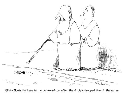 Elisha floats the keys to the borrowed car, after the disciple dropped them in the water.