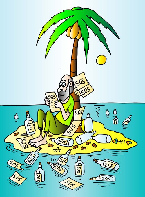 SOS bottles washing up on a desert island.