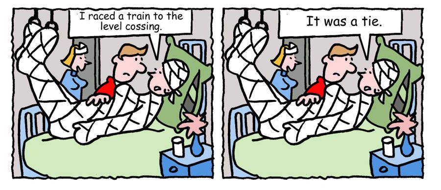 "I raced a train to the level crossing. It was a tie."