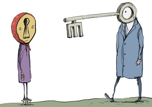 A man with a key head and a woman with a lock face