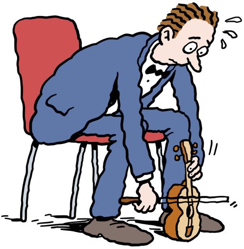 A musician bowing a tiny guitar 