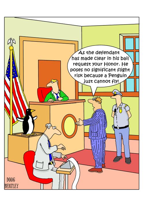 "As the defendant has made clear in his bail request your Honor. He poses no significant flight risk because a Penguin just cannot fly!"