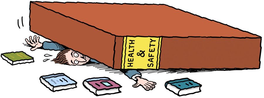 A man crushed by a bookcase labelled Health and Safety