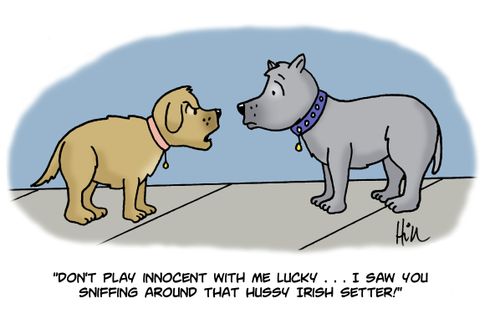 "Don't play innocent with me lucky. . . I saw you sniffing around that hussy Irish setter!"
