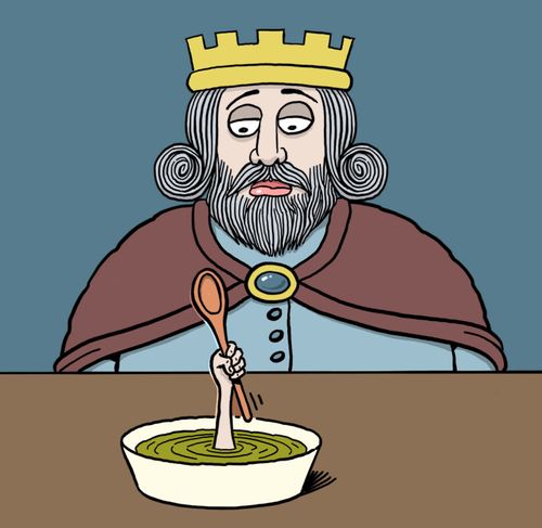 A king watches a hand with spoon rising from a bowl of soup