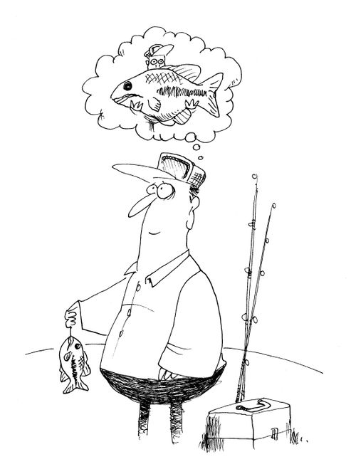 Man holding a small fish but imagining a big catch.
