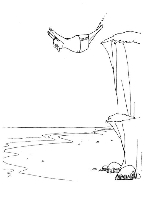Man diving off a sea side cliff but the tide is out
