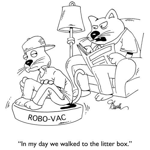 "In my day we walked to the litter box."