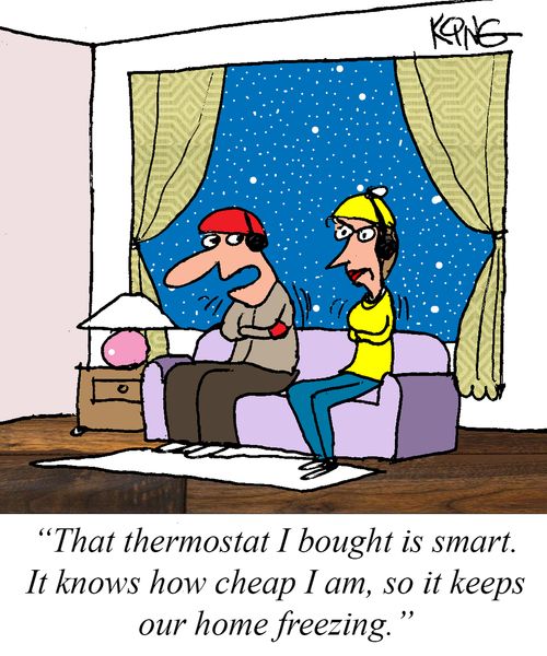 "That thermostat I bought is smart. It knows how cheap I am, so it keeps our home freezing."