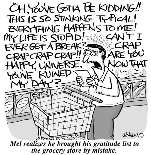 Mel realizes he brought his gratitude list to the grocery store by mistake.