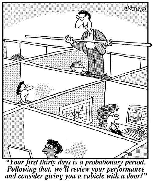 "Your first thirty days is a probationary period. Following that, we'll review your performance and consider giving you a cubicle with a door!"