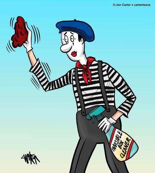 A mime uses invisible box cleaner to clean his invisible box.