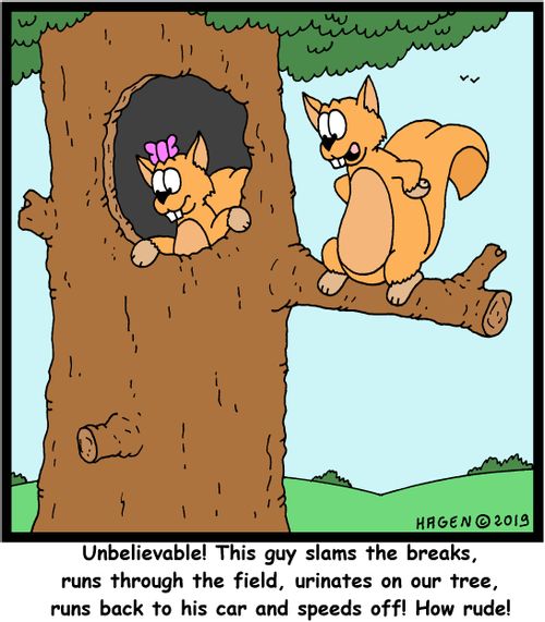 "Unbelievable! This guy slams the breaks, runs through the field, urinates on our tree, runs back to his car and speeds off! How rude!"