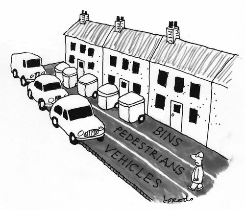 Pavements: Bins, Pedestrian, Vehicles.