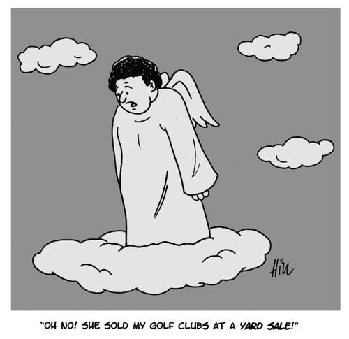 "Oh no! She sold my golf clubs at a yard sale!"