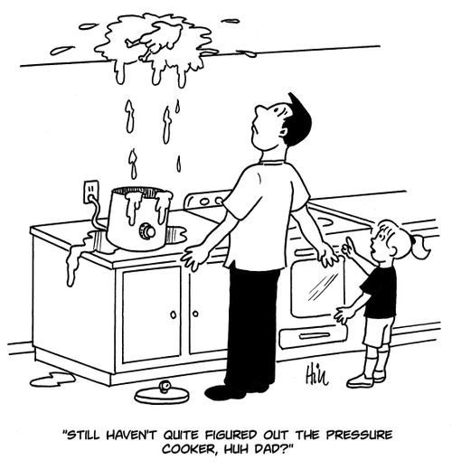 "Still haven't quite figured out the pressure cooker, huh dad?"