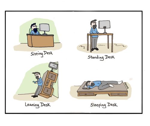 Sitting Desk, Standing Desk, Leaning Desk, Sleeping Desk.