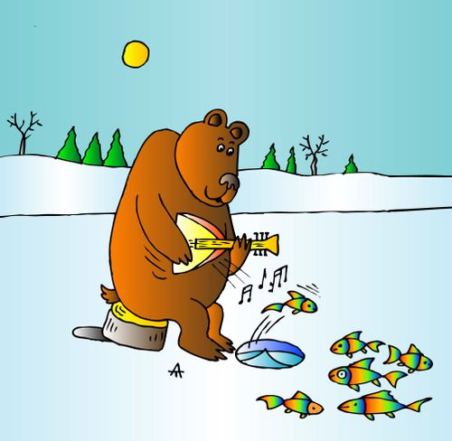 Bear luring the fish out of a ice hole.