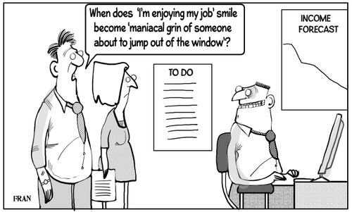 "When does 'I'm enjoying my job smile' become 'maniacal grin of someone about to jump out of the window'?"