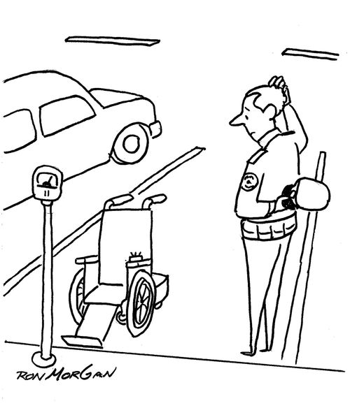 Police officer is surprised to see motorized wheel chair in parking space.