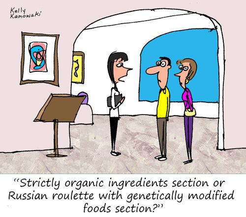 "Strictly organic ingredients section or Russian roulette with genetically modified foods section?"