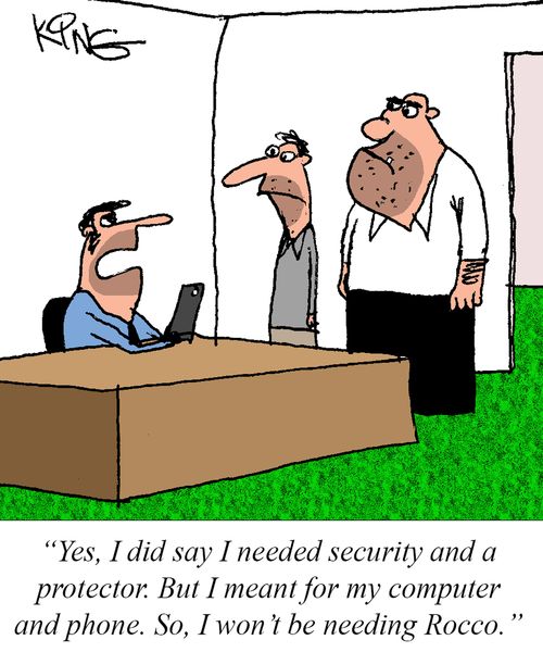 "Yes, I did say I needed security and a protector. But I meant for my computer and phone. So, I won't be needing Rocco."