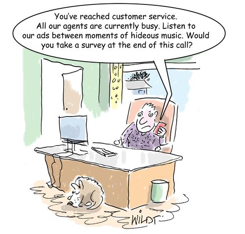 "You've reached customer service. All our agents are currently busy. Listen to our ads between moments of hideous music. Would you take a survey at the end of this call?"