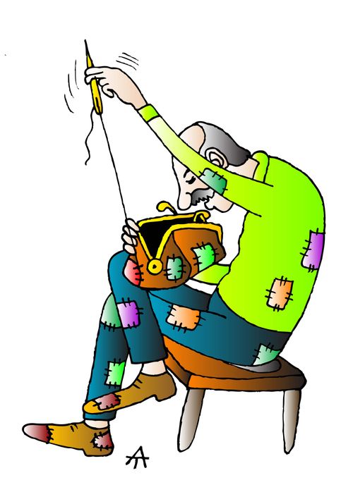Man patching up his bag.