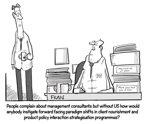 "People complain about management consultants but without US how would anybody instigate forward facing paradigm shifts in client nourishment and product policy interaction strategisation programmes?"