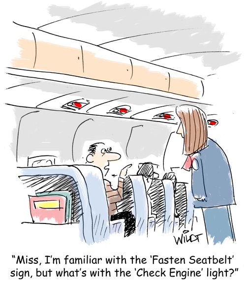 "Miss, I'm familiar with the 'Fasten Seatbelt' sign, but what's with the 'Check Engine' light?"