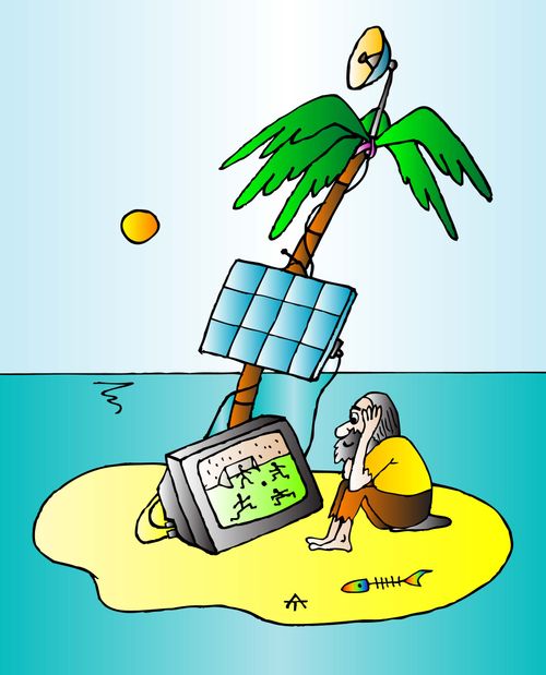 Castaway uses a solar panel to watch TV.