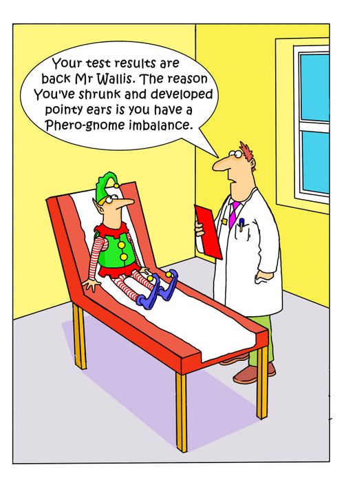 "Your test results are back Mr Wallis. The reason you've shrunk and developed pointy ears is you have a Phero-gnome imbalance."