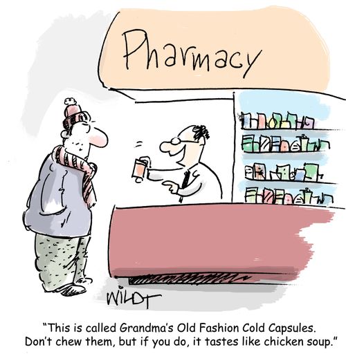 "This is called Grandma's Old Fashion Cold Capsules. Don't chew them, but if you do, it tastes like chicken soup."