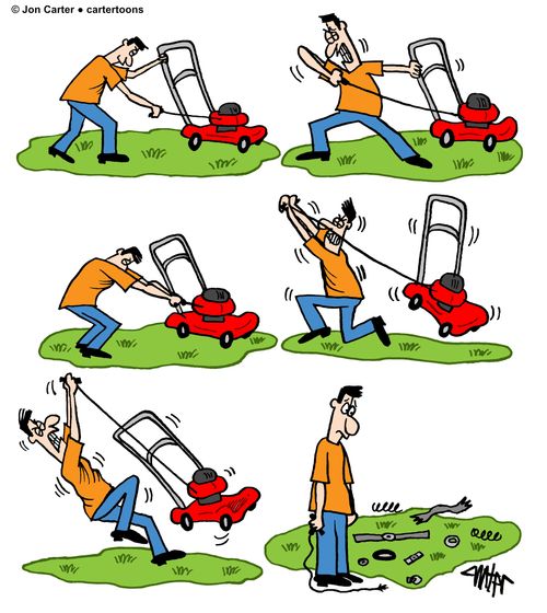 A man repeatedly pulls the start cord on his lawn mower until it falls apart.